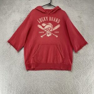 Lucky Brand Y2K Hoodie Mens XL Skull Baseball Graphic Fleece 3/4 Sleeve Grunge